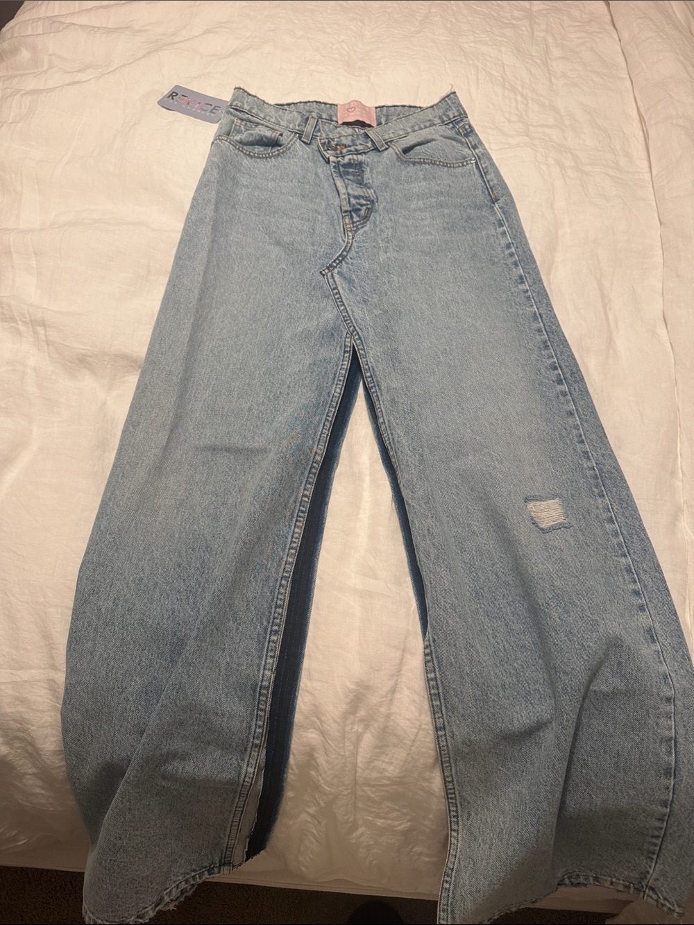 REVICE Light Blue Maxi Denim Skirt- full length. Split Jean skirt